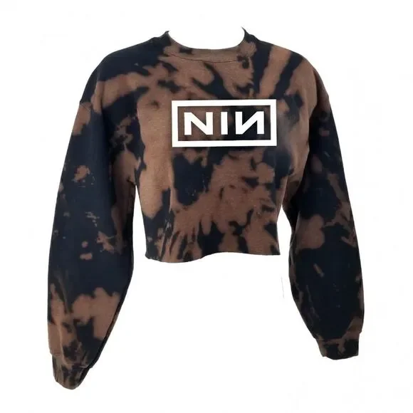 Nine Inch Nails NIN Acid Wash Crop Top Long Sleeve Pullover Crewneck Sweatshirt - Picture 2 of 5